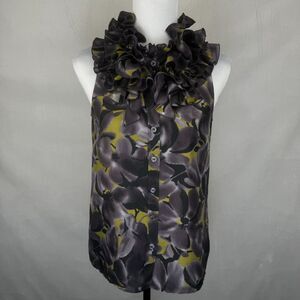 J Crew Top Sz 2 Floral Black Purple Yellow Ruffle Neck Button Down 100% Silk